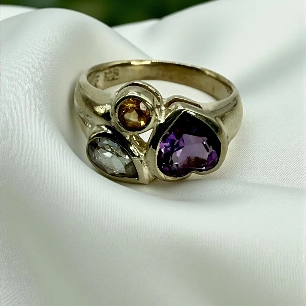 Sterling Silver Multi-Gemstone Ring – Amethyst, Citrine & Topaz – Size 6